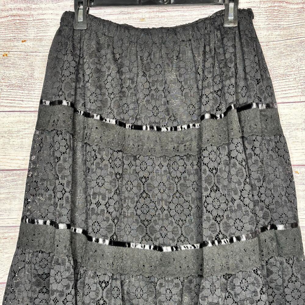The Pitchfork Brand Tired Black Midi Lace Lined Witchy Goth Skirt Size Medium - Picture 8 of 10